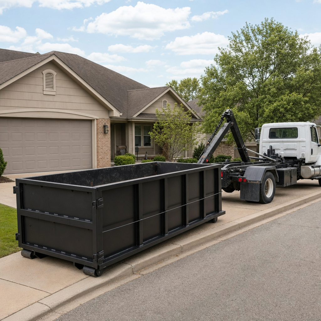 Wide documentary shot of a matte-black roll-off dumpster on a Rochester Hills residential driveway in the foreground and a contractor jobsite container in the soft-focus background, bright daylight, calm and orderly composition.